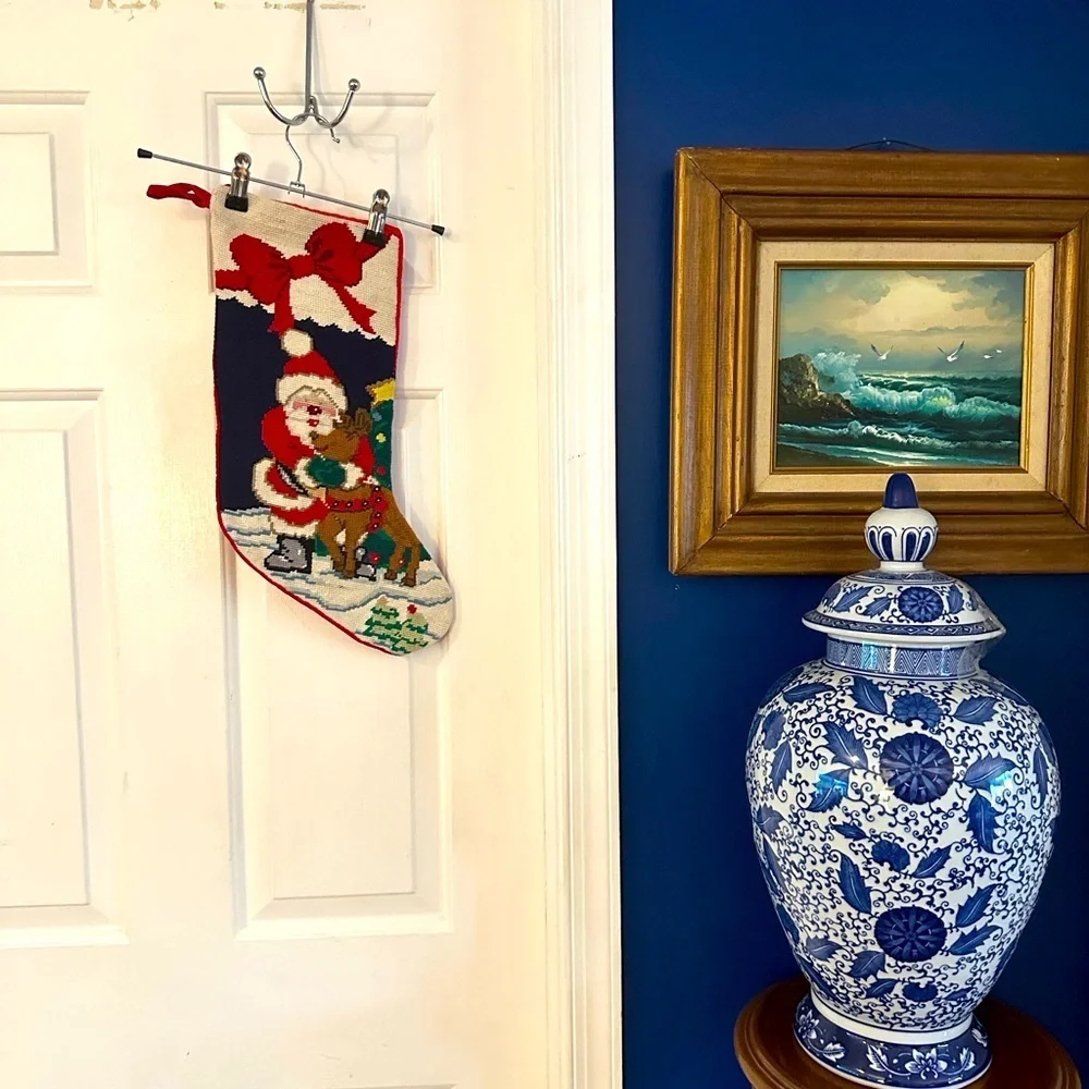 Vintage Needlepoint Christmas St. Nicholas with Reindeer Velvet Backed Stocking